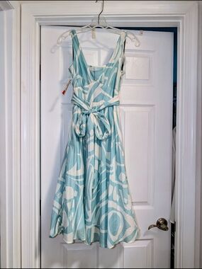 Calvin Klein Aqua and White Printed Tie-Waist Midi Dress